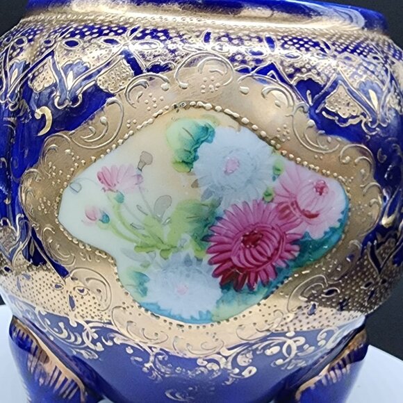 Antique Porcelain Biscuit Jar Hand-Painted Cobalt Blue & Gold Porcelain Lidded - Picture 13 of 13